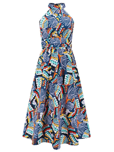 Ruched Printed Halter Neck Sleeveless Dress