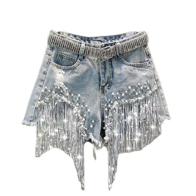 Shorts Tassel Beading High Waist Wide Leg Denim Shorts - ZAAPLI