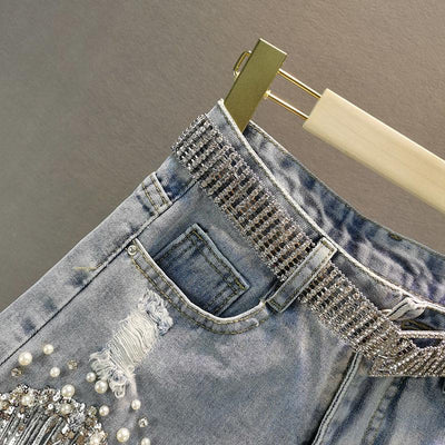 Shorts Tassel Beading High Waist Wide Leg Denim Shorts - ZAAPLI