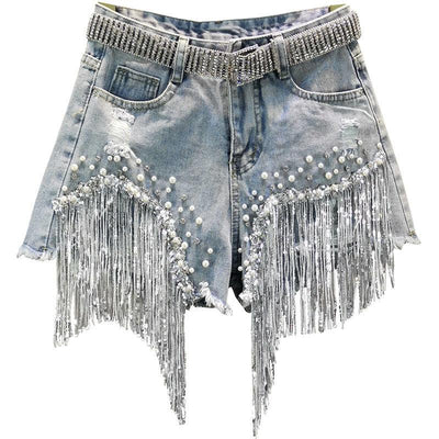 Shorts Tassel Beading High Waist Wide Leg Denim Shorts - ZAAPLI