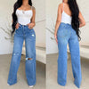 Blue Ripped Denim Pants Hight Waist Wide Leg Jeans - ZAAPLI