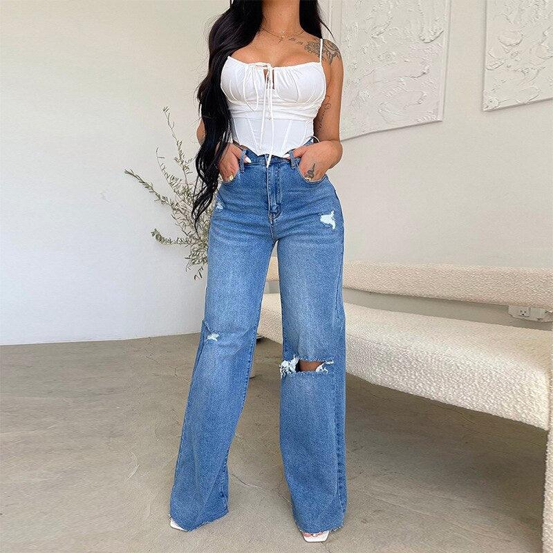 Blue Ripped Denim Pants Hight Waist Wide Leg Jeans - ZAAPLI