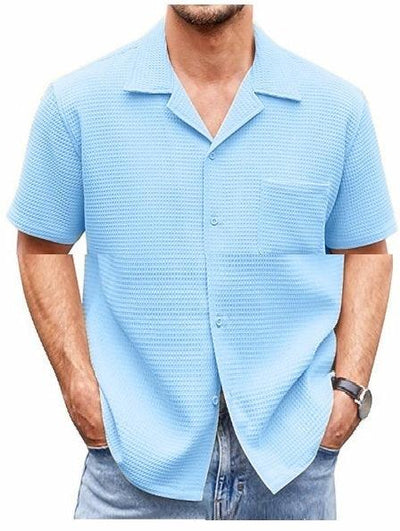 Suit Collar Solid Color Short Sleeve Waffle Shirt - ZAAPLI