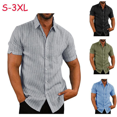 Summer Lapels Short Sleeve Solid Color Buttons Men's Striped Shirt Men's Clothing - ZAAPLI