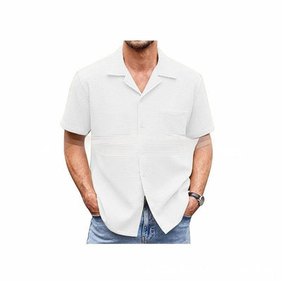 Suit Collar Solid Color Short Sleeve Waffle Shirt - ZAAPLI