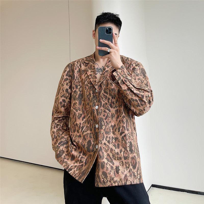 Lace Mesh Leopard Print Suit Collar Shirt Men's Lapel - ZAAPLI