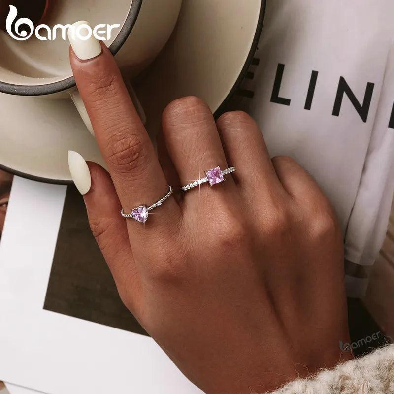 bamoer Real 925 Sterling Silver Pink Love CZ Ring For Fashion Women - ZAAPLI