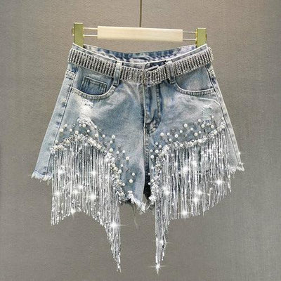 Shorts Tassel Beading High Waist Wide Leg Denim Shorts - ZAAPLI