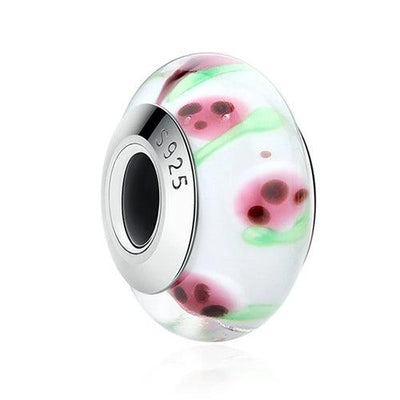 BAMOER 925 Sterling Silver Lovely Pink Flower European Murano Glass - ZAAPLI