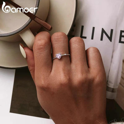 bamoer Real 925 Sterling Silver Pink Love CZ Ring For Fashion Women - ZAAPLI