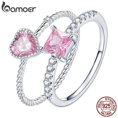 bamoer Real 925 Sterling Silver Pink Love CZ Ring For Fashion Women - ZAAPLI