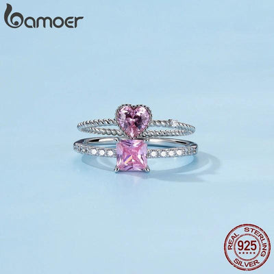 bamoer Real 925 Sterling Silver Pink Love CZ Ring For Fashion Women - ZAAPLI