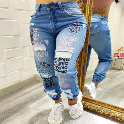 Letter Print Slant Pocket Ripped Denim Pants - ZAAPLI