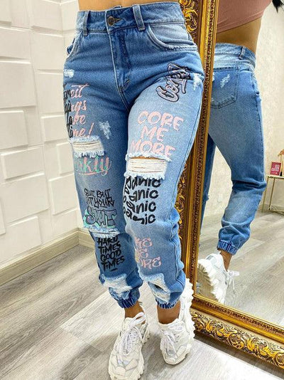 Letter Print Slant Pocket Ripped Denim Pants - ZAAPLI