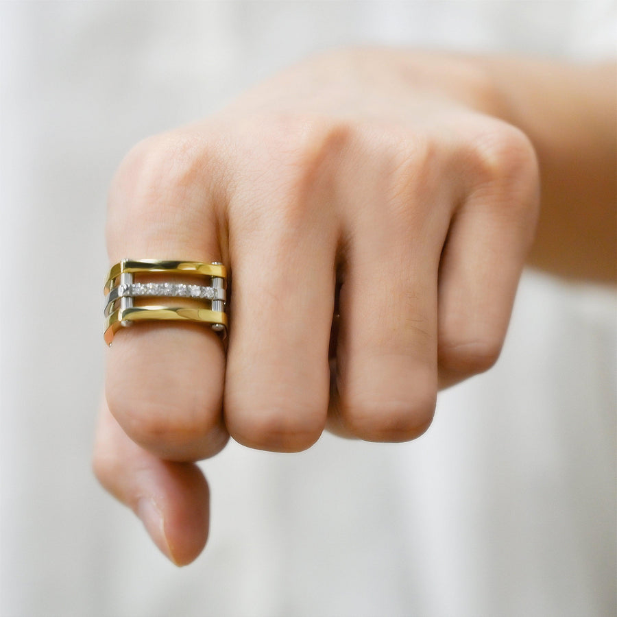 Gold Cocktail Paralleled Bar Ring with CZ - ZAAPLI