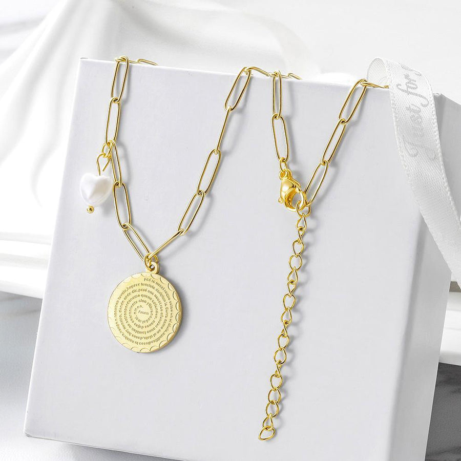 Disc Coin with Love-shaped Pearl Pendant Necklace - ZAAPLI