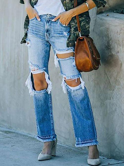 Ripped Cutout Fringe Hem Pocket Design Denim Pants - ZAAPLI