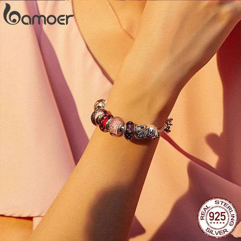 BAMOER 925 Sterling Silver Lovely Pink Flower European Murano Glass