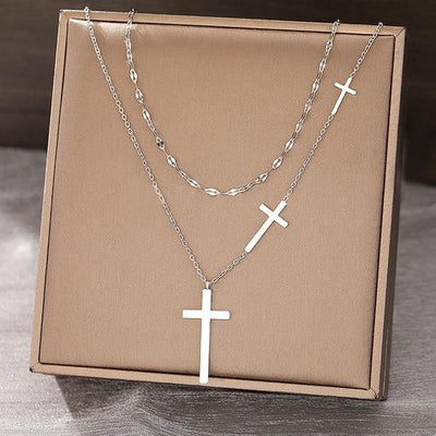 Stainless Steel Necklaces Cross Pendant Choker Multilayer Chain Double - ZAAPLI