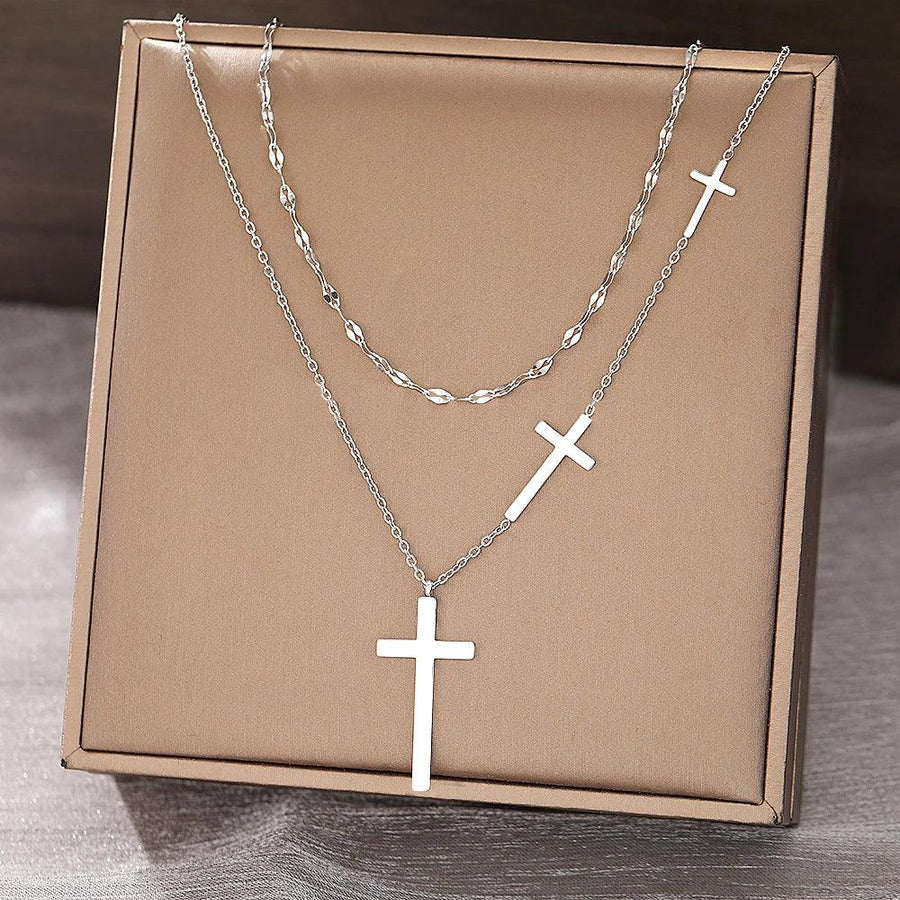 Stainless Steel Necklaces Cross Pendant Choker Multilayer Chain Double