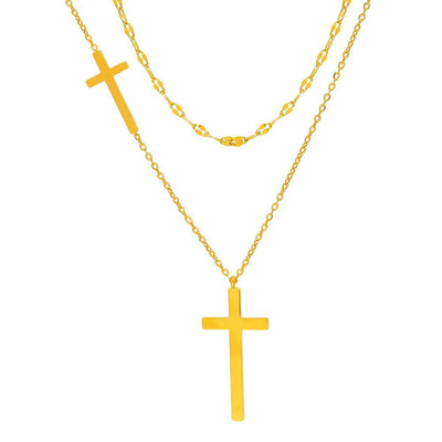 Stainless Steel Necklaces Cross Pendant Choker Multilayer Chain Double - ZAAPLI