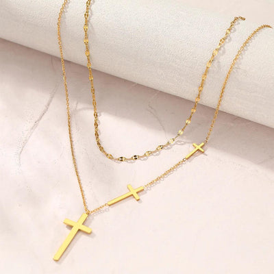 Stainless Steel Necklaces Cross Pendant Choker Multilayer Chain Double - ZAAPLI