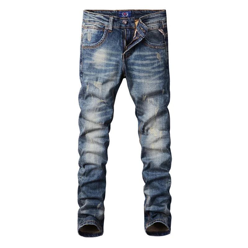 Italian Retro Blue Slim Fit Ripped Jeans Men - ZAAPLI