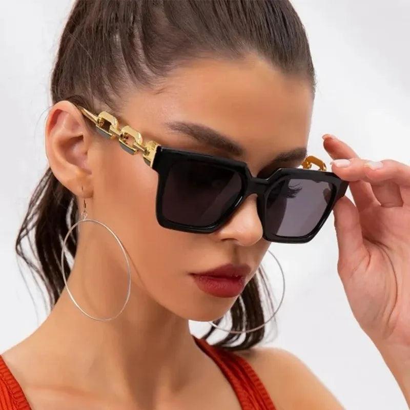 Fashion Big Frame Metal Chain Vintage Rectangular Sunglasses - ZAAPLI