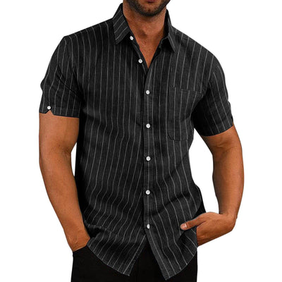 Summer Lapels Short Sleeve Solid Color Buttons Men's Striped Shirt Men's Clothing - ZAAPLI