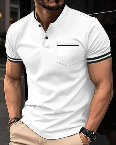 Men's Solid Standing Collar Pocket Short Sleeved - ZAAPLI