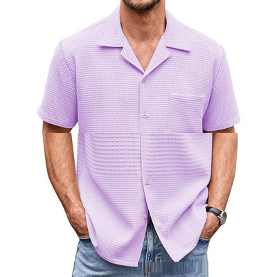 Suit Collar Solid Color Short Sleeve Waffle Shirt - ZAAPLI