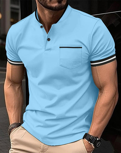 Men's Solid Standing Collar Pocket Short Sleeved - ZAAPLI