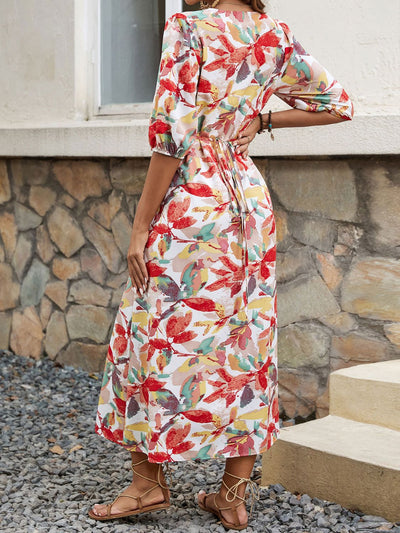 Printed V-Neck Half Sleeve Midi Dress