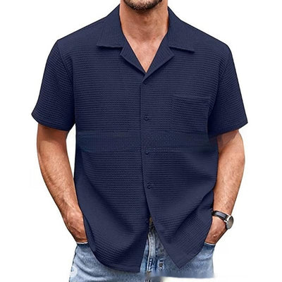 Suit Collar Solid Color Short Sleeve Waffle Shirt - ZAAPLI