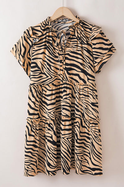 Ruffled Animal Print Tie Neck Mini Dress