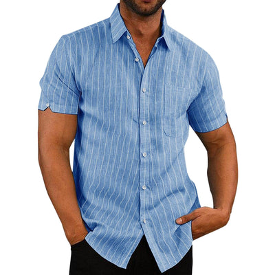 Summer Lapels Short Sleeve Solid Color Buttons Men's Striped Shirt Men's Clothing - ZAAPLI