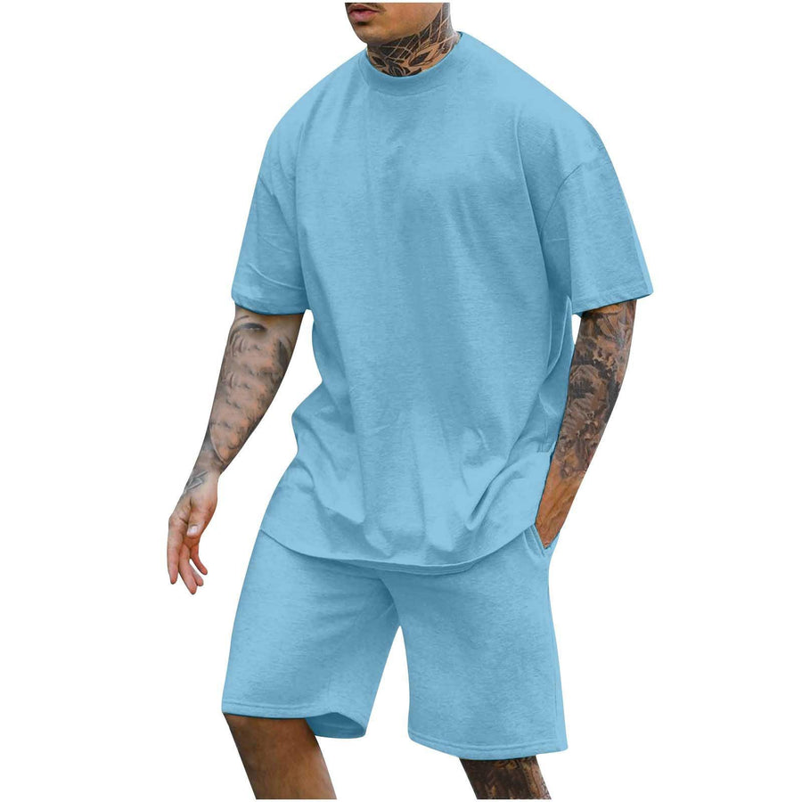 New Men's Round Neck Drop Shoulder Short Sleeve T-shirt Top Shorts Two-piece Set - ZAAPLI